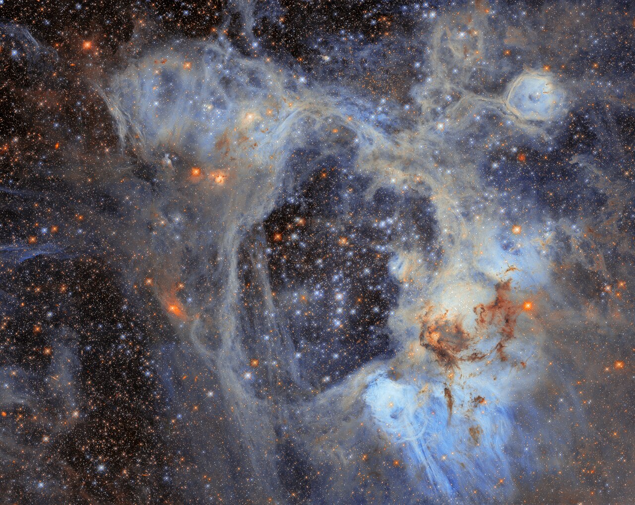 N44 星云中由明亮气体、暗尘埃与年轻恒星构成的巨大气泡